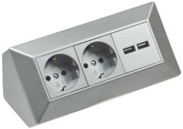 2-fach Steckdosenblock + 2x USB, silber 250V~/ 16A, Aufbaumontage, USB 3,1A
