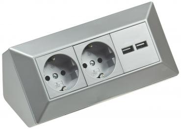 Preview: 2-fach Steckdosenblock + 2x USB, silber 250V~/ 16A, Aufbaumontage, USB 3,1A