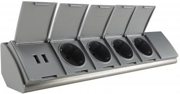 4-fach Steckdosenblock Edelstahl + 2xUSB für Aufbaumontage, 45°, Abdeckklappen