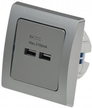 Preview: DELPHI 2-fach USB-Ladedose, silber 250V~/ 16A, UP, 5V=, gesamt max. 2A