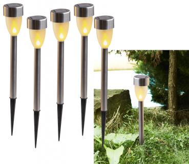 Preview: Edelstahl LED Solarleuchte, 5er Set Flackerlicht, amberfarben