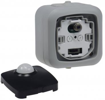 Preview: Feuchtraum Bewegungsmelder, IP44 250V~, 2-500W, inkl. AP-Rahmen, grau