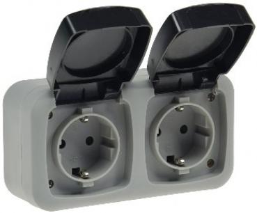 Feuchtraum Doppel-Steckdose, IP44 250V~/ 16A, inkl. AP-Rahmen, grau