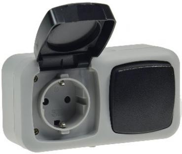 Feuchtraum Kombi-Schalter/Steckdose,IP44 250V~/ 10/16A, grau, AP horizontal