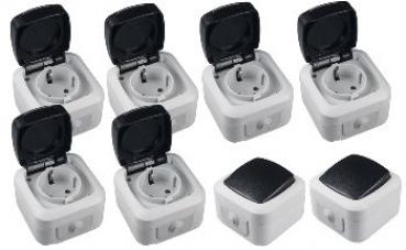 Feuchtraum Starter-Kit, 8-teilig, IP44 250V~/ 10/16A, inkl. AP-Rahmen, grau