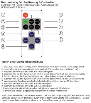 Preview: Funk-Controller für LED-Stripes mit Fernbedienung, 12-24V, 72Watt