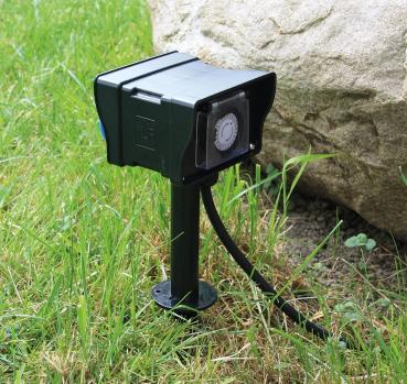 Preview: Gartensteckdose mit Erdspieß, 2-fach IP44, 2m Kabel, Zeitschaltuhr