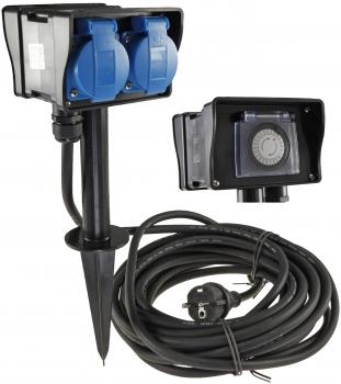 Preview: Gartensteckdose mit Erdspieß, 2-fach IP44, 2m Kabel, Zeitschaltuhr