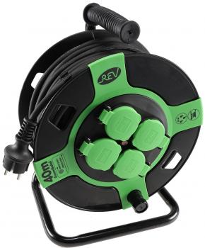 Preview: Kunststoff-Kabeltrommel, 40m Kabel, IP44 H05RR-F 3G1,5mm², schwarze Gummileitung