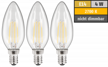LED Filament Set McShine, 3x Kerzenlampe, E14, 4W, 360lm, warmweiß, klar