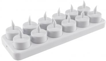 Preview: LED Teelichter, 12er Set, mit Windschutz wiederaufladbar auf Ladestation