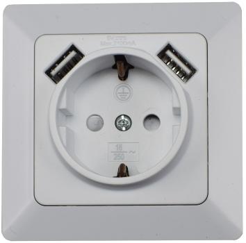 Preview: MILOS Schutzkontakt-Steckdose, weiß matt 250V~/ 16A, UP, 2x USB Buchse je 5V/1A