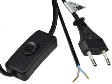Preview: Netzkabel mit Schnurschalter blanke Enden, 2m lang, schwarz