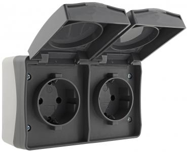 Preview: NUQUI Feuchtraum Doppel-Steckdose horiz. IP54, Aufputz, 250V / 16A