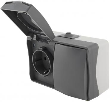 Preview: NUQUI Feuchtraum Kombi Schalter & Steckdos IP54, Aufputz, 250V / 10A/16A Horizontal
