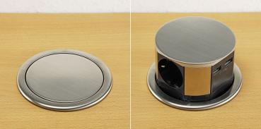 Preview: Schreibtisch-Einbausteckdose 3x + 2xUSB versenkbar, Edelstahl-Ausführung, rund