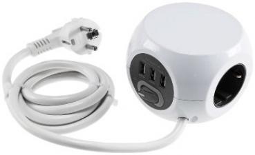 Steckdosen-Kubus 3x Schutzk + 3x USB 1,4m Zuleitung, Ein-/Aus-Schalter