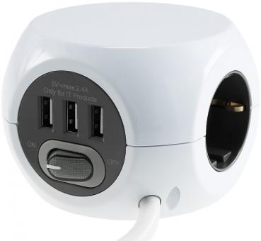 Preview: Steckdosen-Kubus 3x Schutzk + 3x USB 1,4m Zuleitung, Ein-/Aus-Schalter