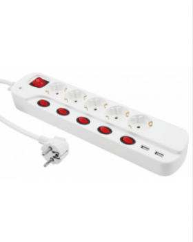 Steckdosenleiste McPower, 5-fach mit Einzelschaltung + 2x USB, 1,5m Zuleitung