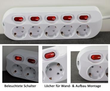 Preview: Steckdosenleiste mit Einzelschaltung 5-fach, weiß, 1,5m Kabel